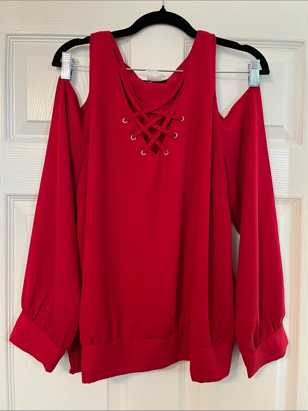 VENUS Red Cold-Shoulder Lace-Up Blouse